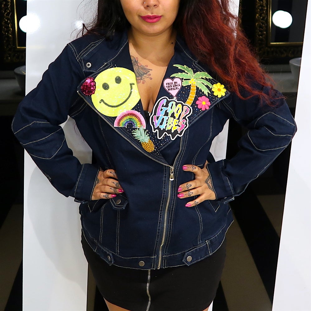 the 'tropical paradise' denim biker jacket