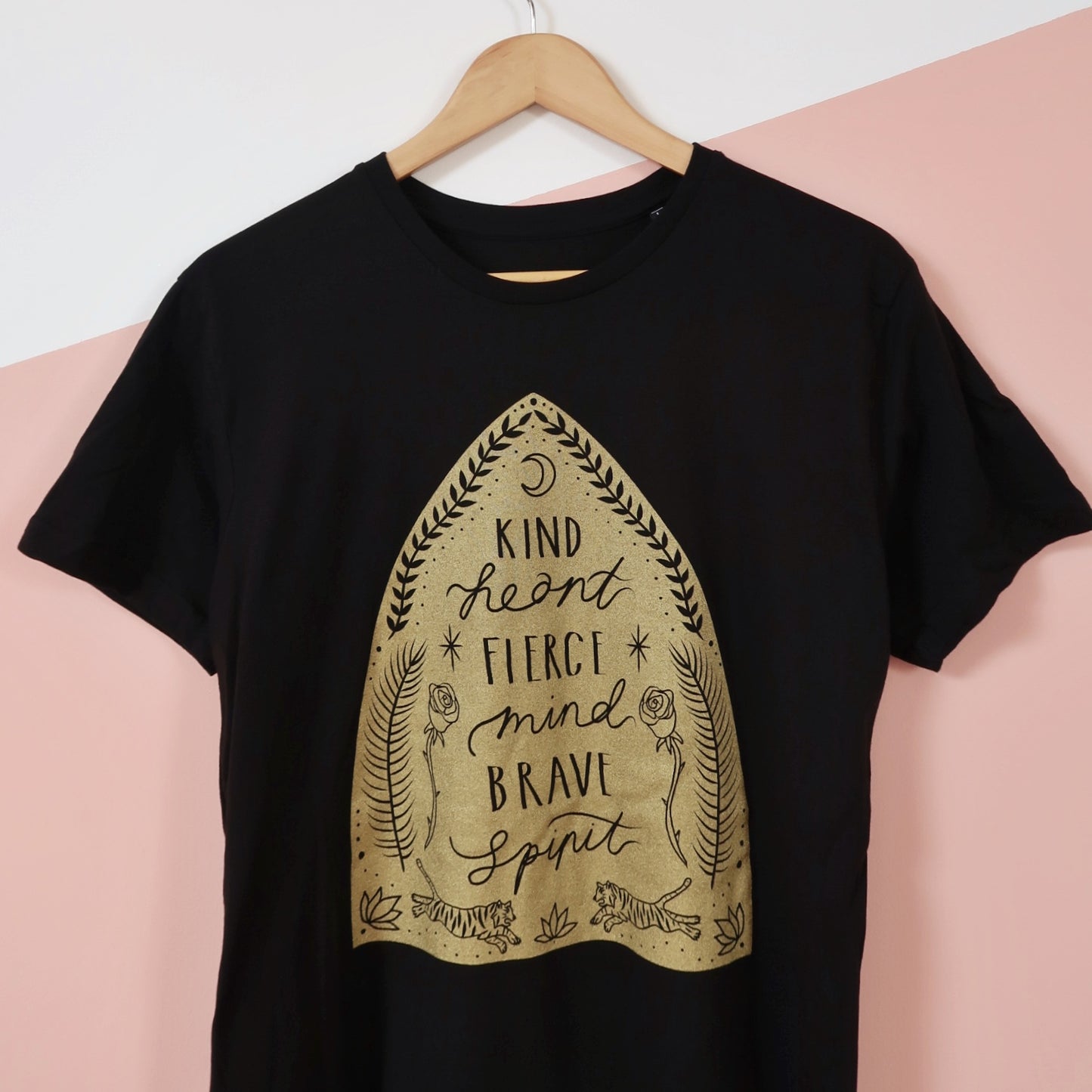 kind heart, fierce mind, brave spirit t-shirt - black & gold