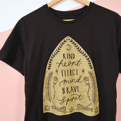 kind heart, fierce mind, brave spirit t-shirt - black & gold