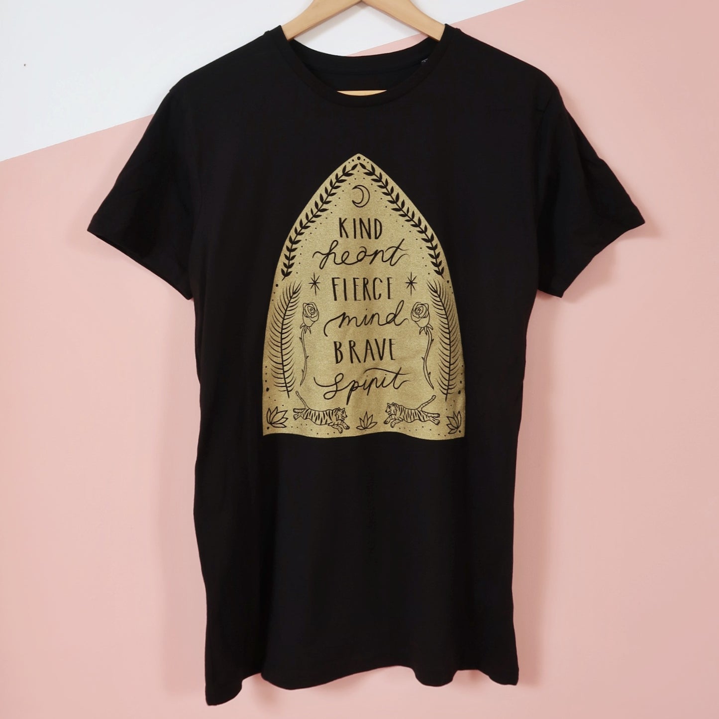 kind heart, fierce mind, brave spirit t-shirt - black & gold