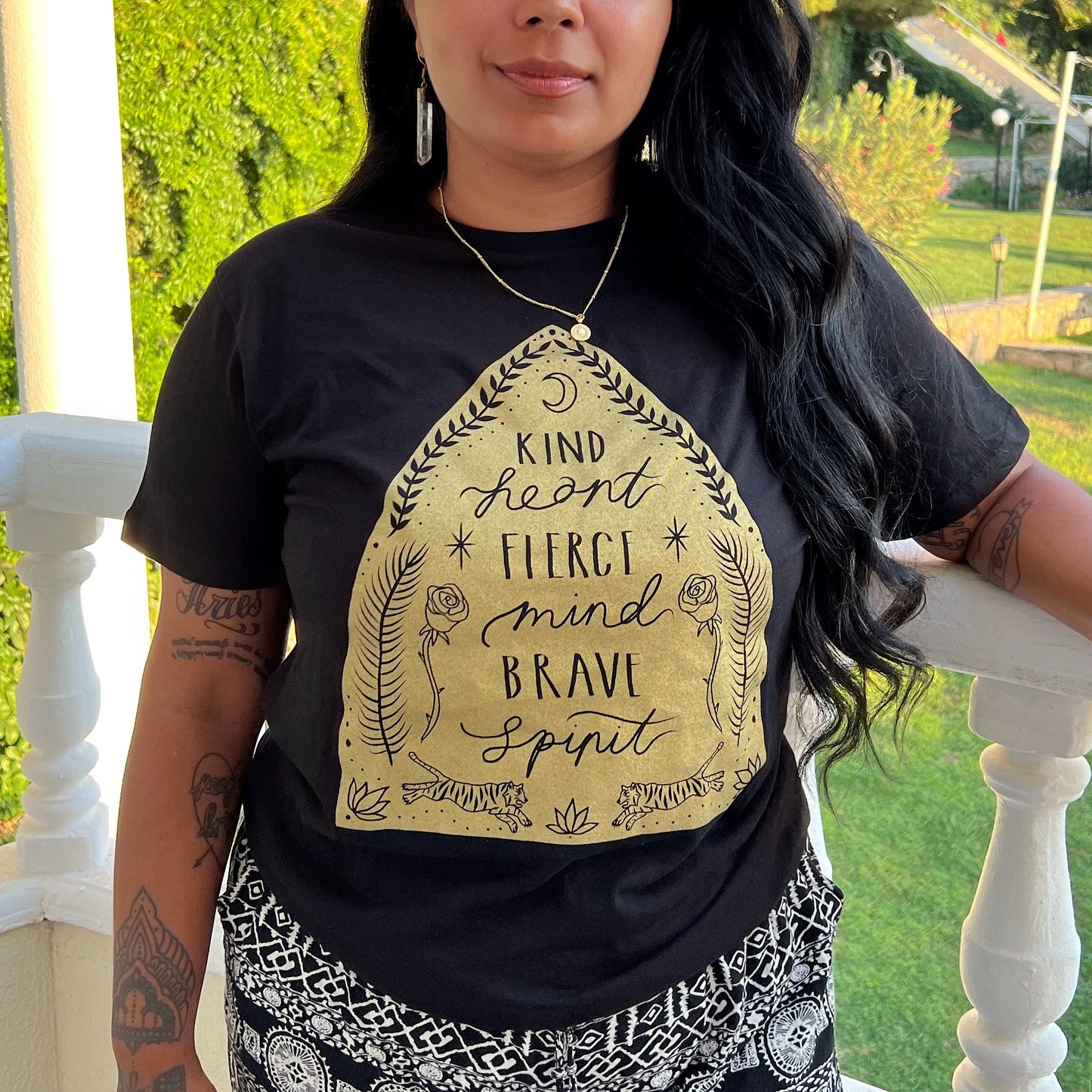 kind heart, fierce mind, brave spirit t-shirt - black & gold