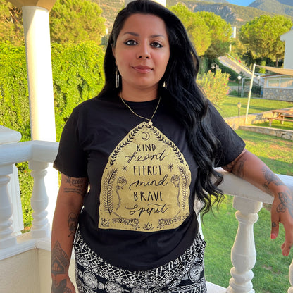 kind heart, fierce mind, brave spirit t-shirt - black & gold