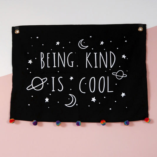 being kind is cool wall hanging - rainbow pom-poms